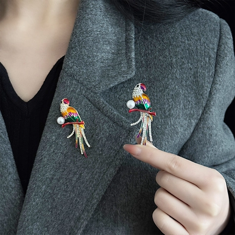 Broche Perroquet en Émail Vintage pour Femmes Alliage Strass Oiseau Broche Avec Fausse Künstliche Perle Décoratif Mode Bijoux Broches