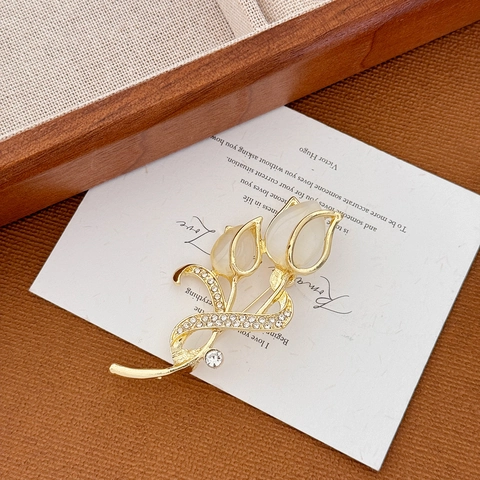 Elegant Alloy Tulip Brooch With Faux Opal And Rhinestones Gold Plated Flower Pin For Wedding Party Women Jewelry Accessor