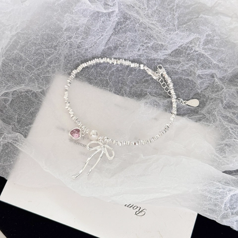 Women's S925 Sterling Silver Bowknot Bracelet With Pink Heart Zirconia And Faux Artificial Pearl Sweet Girly Adjustable Jewelry Gift