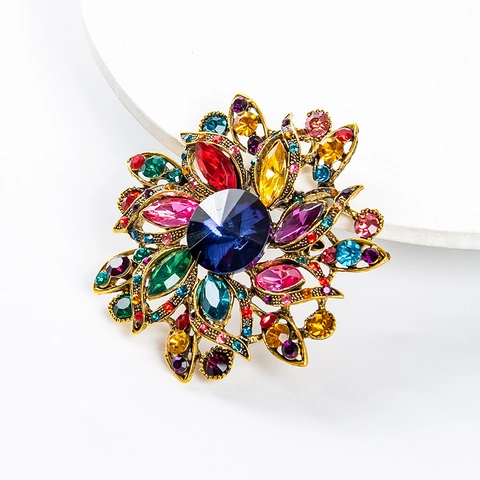 Vintage Alloy Rhinestone Flower Brooch Luxury Colorful Crystal Floral Pin For Women Coat Banquet Party Clothing Accessory