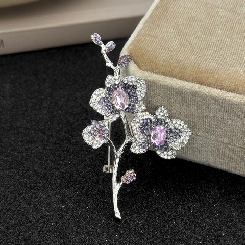 Elegant Purple Orchid Brooch Pin For Women Alloy Rhinestone Crystal Flower Corsage Delicate Clothes Accessory Jewelry