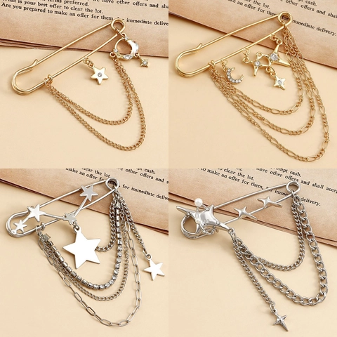 Broche de Imperdible de Aleación con Diamantes de Imitación Perla Artificial Estrella Luna Flecos Colgante para Mujer Joyería Hip Hop