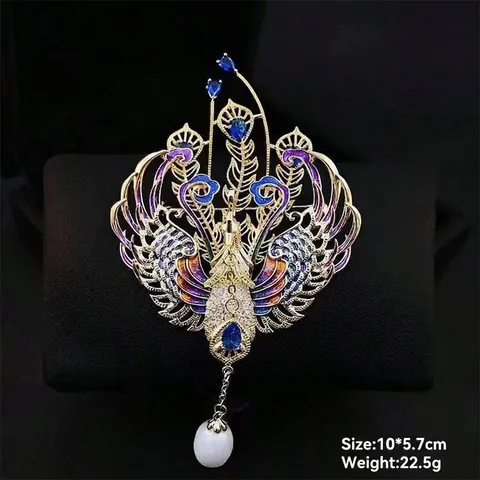 Lujoso Broche de Fénix Pavo Real de Estilo Chino en Esmalte para Mujer Aleación Strass Perla Artificial Borla Colgante Joyería Regalo