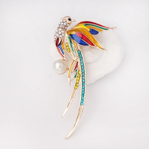 Broche de Pájaro Fénix Vintage Colorido Esmalte Strass Perla Artificial de Imitación Aleación Broche para Mujer Accesorios de Ropa