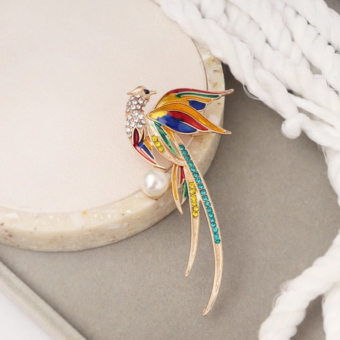 Broche de Pájaro Fénix Vintage Colorido Esmalte Strass Perla Artificial de Imitación Aleación Broche para Mujer Accesorios de Ropa
