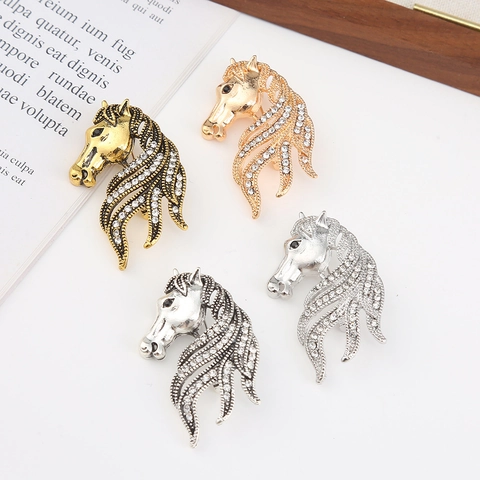 Vintage Spilla in Lega con Strass a Forma di Testa di Cavallo Oro Argento Antico Spilla per Donna Gioielli per Feste