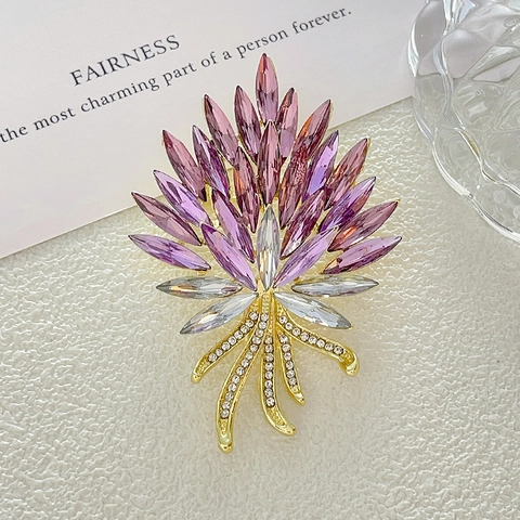 Französische Elegante Kristall Weizenähre Brosche Für Damen Legierung Strass Blütencluster Pin Blau Lila Corsage Schmuck