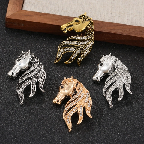 Vintage Spilla in Lega con Strass a Forma di Testa di Cavallo Oro Argento Antico Spilla per Donna Gioielli per Feste