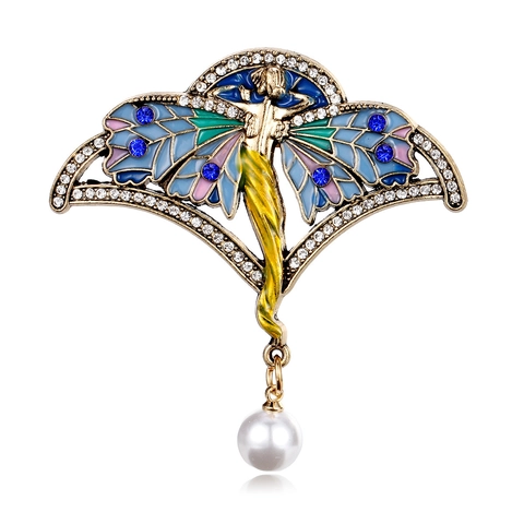 Broche de Hada Elfo Vintage Alas de Esmalte Diamantes de Imitación Alfiler de Aleación Colgante Perla Artificial Joyería Regalo