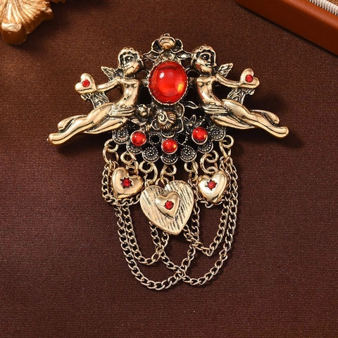 Spilla con Nappine Angelo Vintage Barocco Lega Oro Gemma Rossa Cupido Spilla da Balia per Donna Gioielli in Stile Palazzo