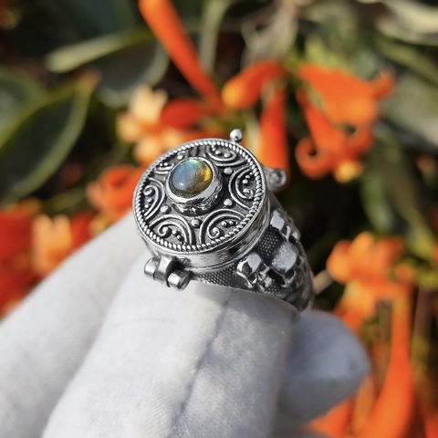 Anello del Veleno Retrò in Argento Antico con Teschio per Uomo Punk Gotico con Tappo a Foglietto in Lega e Strass Gioielli