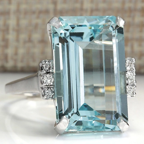 Emerald Cut Gemstone Ring Large Rectangular Stone Copper White Gold Plated Sparkling Side Accents Fashion Jewelry Women
