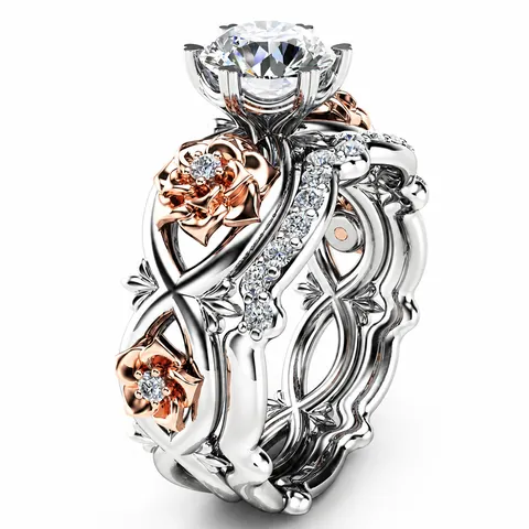 Vintage Roos Bloemen Zirkonia Hoofdring En Golfband Duo Vergulde Legering Stapelbare Ringen Voor Vrouwen Verloving Bruiloft Sieraden