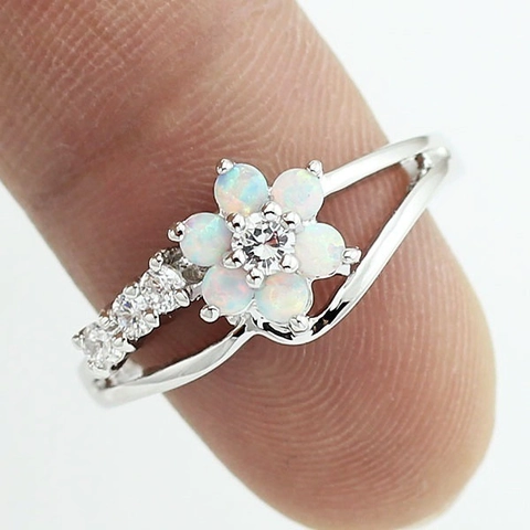 Flower Shape Ring Alloy With Synthetic Opal And Cubic Zirconia Floral Fashion Jewelry For Women