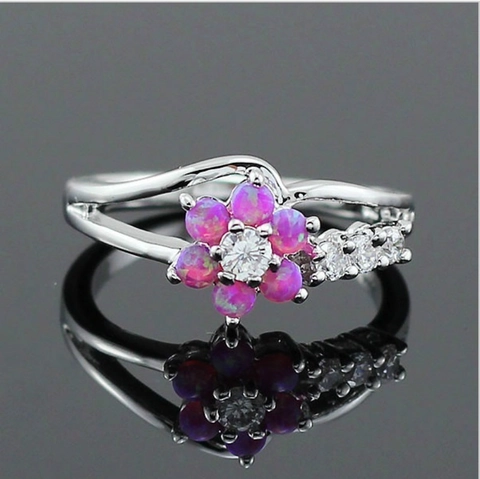 Flower Shape Ring Alloy With Synthetic Opal And Cubic Zirconia Floral Fashion Jewelry For Women