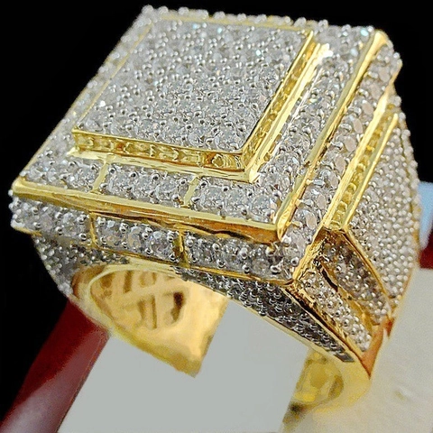 Luxuriöser Kupfer Strass Quadratischer Ring Für Herren Hip Hop Mode Vergoldet Geometrischer Herrenring Schmuck Fingerring
