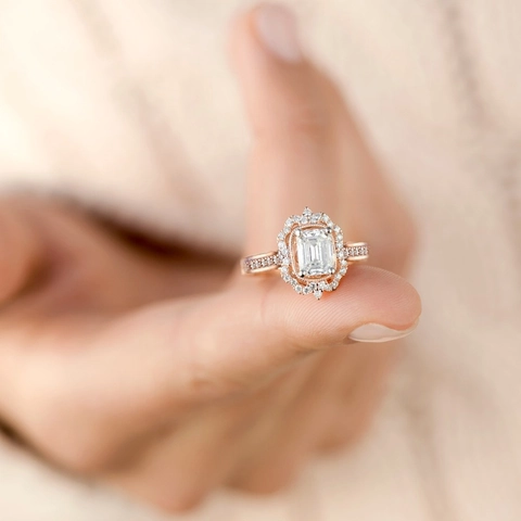 Emerald Cut Zircon Ring Alloy Vintage Halo Engagement Wedding Jewelry For Women Rose Gold Tone High Shine
