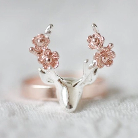 Kreativer Elchkopf Blumen Ring Zweifarbig Roségold Silber Vergoldet Kupfer Geweih Ring Für Damen Weihnachten Schmuck Geschenk