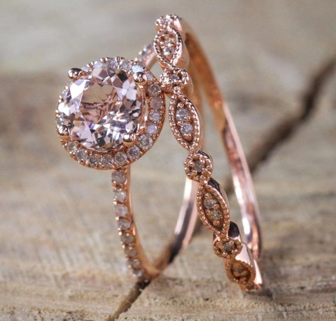 Élégante Bague Halo Ronde Plaquée Or Rose Et Anneau Assorti Pour Femmes Zirconium Rose Blanc Strass Fiançailles Mariage Bijoux Romantiques Cadeau