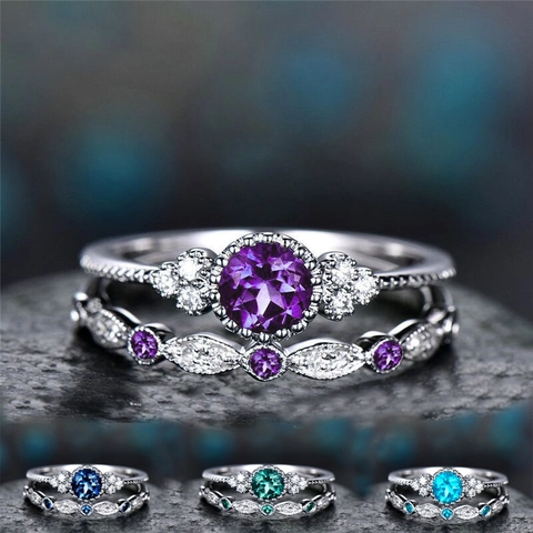 Vintage Legering Zirconia Ring Set Hoofdring En Band Paars Groen Blauw Zirconia Trouwringen Voor Vrouwen Sieraden
