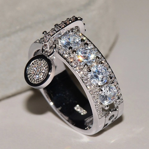 Luxury Alloy Zirconia Pavé Ring For Women Western Fashion Rose Gold Silver Gold Plated Geometric Ring With Circular Pendant For Banquet Party Jewelry