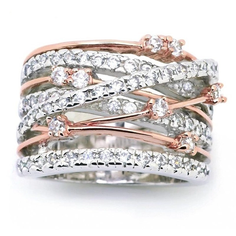 European American Fashion Two Tone Alloy Ring For Women Multi Layer Interlaced Zirconia Cross Band Ring Wedding Jewelry