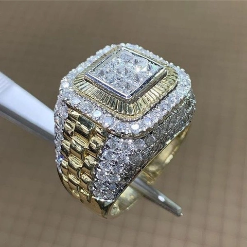 Luxury Hip Hop Men Ring Collection Alloy Zirconia Gold Silver Plated Watch Band Design Square Round Stone Banquet Jewelry
