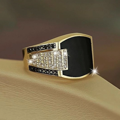 Anello A Sigillo Hip Hop Per Uomini Lega Smalto Nero Con Zirconi Cubici Bianchi E Neri Gioielli Retrò