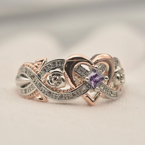 Anillo De Cobre Bicolor Circonita Morada Corte Princesa Forma De Corazón Talla De Rosa Joyería Romántica Elegante