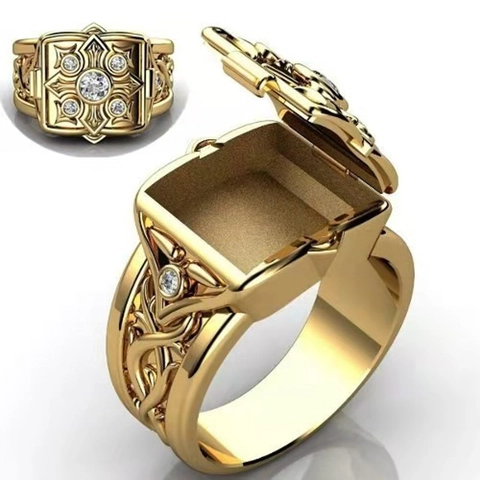 Anello da Uomo alla Moda Stile Occidentale con Chiusura a Flip Vintage Punk Geometrico Anello con Scomparto Segreto Rame Strass Gioielli Hip Hop
