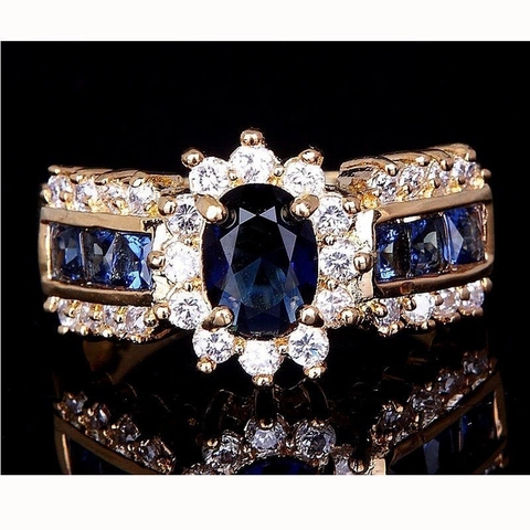 Anello Cluster in Lega Strass Vintage Lussuoso per Donna Placcato Oro Ovale Pietra Blu Rossa Gioielli di Moda