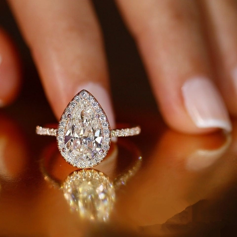 Elegant Pear Cut Cubic Zirconia Ring Set For Women Rose Gold Silver Plated Waterdrop Halo Engagement Wedding Ring Jewelry