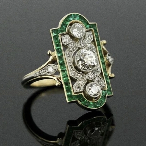 Art Deco Vintage Ring Copper With Zircon And Green Stone Hollow Geometric Rectangular Palace Style Jewelry For Women