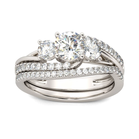 Luxe Legering Zirkonia Ring Set Vrouwen Elegant Drie Stenen Ronde Slijpvorm Verstrengelde Band Hoofdring En Bijpassende Band Sieraden