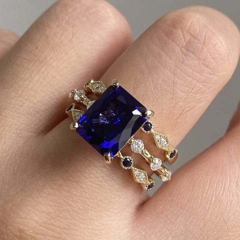 Vintage Verguld Wit Koper Zirkonia Stapelbare Ringen Blauwe Rechthoekige Edelsteen Hoofdring En Zijringen Voor Dames