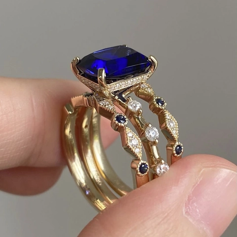 Vintage Verguld Wit Koper Zirkonia Stapelbare Ringen Blauwe Rechthoekige Edelsteen Hoofdring En Zijringen Voor Dames