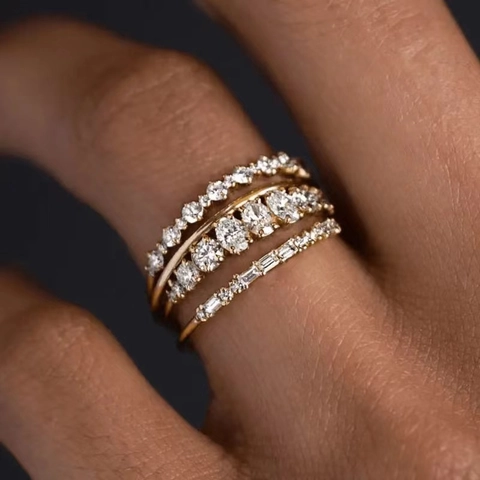 Stackable Rings Copper With Cubic Zirconia Multi Row Oval And Round Cut Elegant Luxury Jewelry For Women Gold Color
