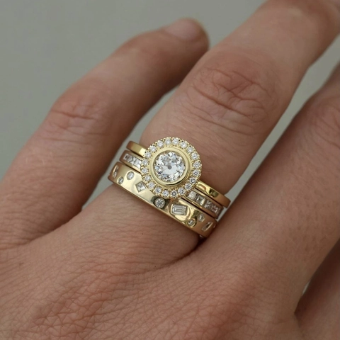 Gold Plated 3-Piece Engagement Ring Set Geometric Stackable Ring With Rhinestone Halo Women Fashion Jewelry