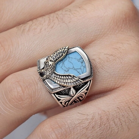 Retro Men's Alloy Eagle Ring Antique Silver Color Flying Eagle Ring With Artificial Turquoise Inlay Vintage Punk Biker Jewelry