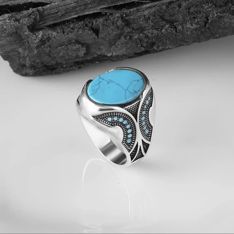 Anello Vintage Ovale con Turchese Artificiale per Uomo Donna Etnico Bohemian Placcato Argento Antico Lega Anello Stile Turco Gioielli da Dito Regalo
