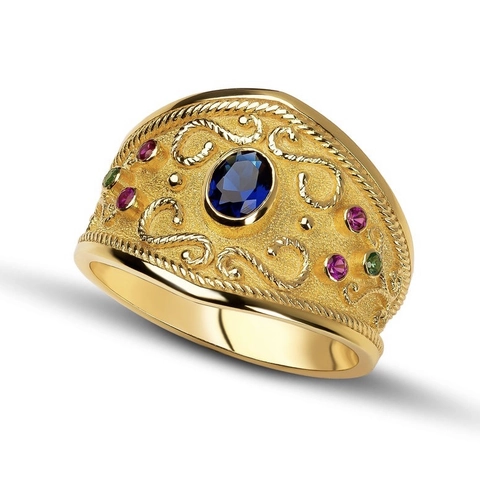 Vintage Court Style Alloy Ring Matte Gold Plated Colorful Gemstone Byzantine Design Finger Jewelry For Women Banquet Party