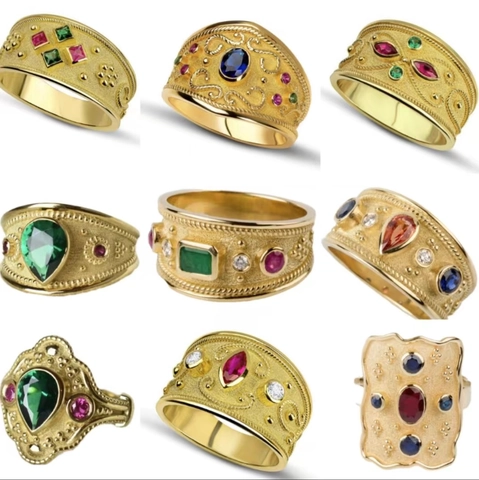 Vintage Court Style Alloy Ring Matte Gold Plated Colorful Gemstone Byzantine Design Finger Jewelry For Women Banquet Party