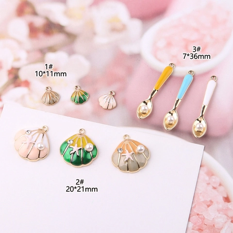 Dijes de Aleación de Esmalte en Forma de Concha y Cuchara para la Fabricación de Joyas DIY Colgantes con Perla Artificial y Strass para Pendientes Pulseras Collar Materiales de Artesanía