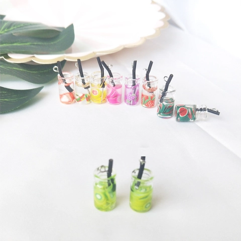 DIY Miniature Fruit Drink Bottle Resin Pendants For Jewelry Making Keychain Mobile Phone Case Accessories Korean Style Charms
