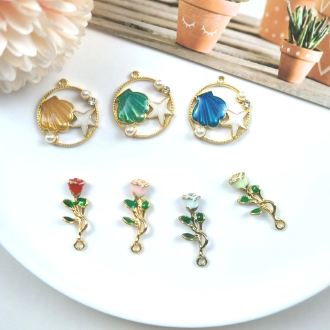 Legering Emaille Rozenbloem Schelp Zeester Hangers Bedeltjes Met Strass Kunstparel Voor DIY Sieraden Maken Oorbellen Ketting