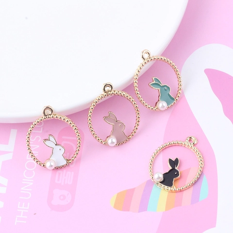 DIY Jewelry Making Alloy Enamel Cute Rabbit Pendants With Imitation Artificial Pearl Round Beaded Frame Charms For Earring Necklace Making