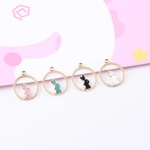 DIY Jewelry Making Alloy Enamel Cute Rabbit Pendants With Imitation Artificial Pearl Round Beaded Frame Charms For Earring Necklace Making
