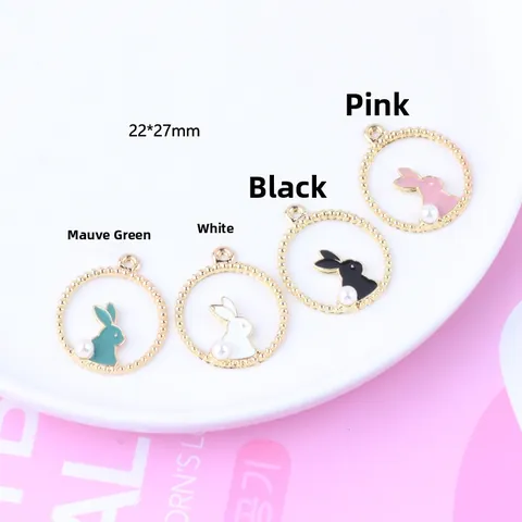DIY Jewelry Making Alloy Enamel Cute Rabbit Pendants With Imitation Artificial Pearl Round Beaded Frame Charms For Earring Necklace Making