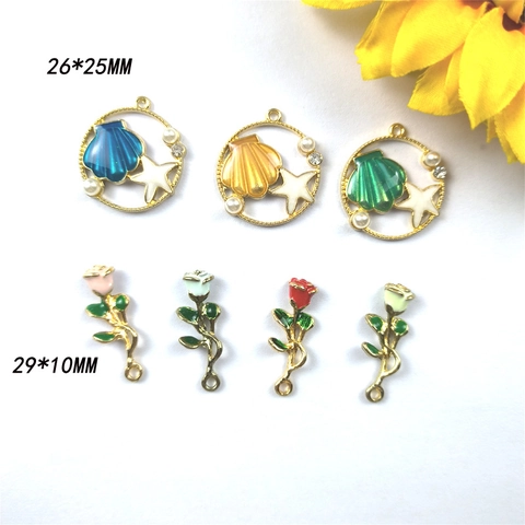 Legering Emaille Rozenbloem Schelp Zeester Hangers Bedeltjes Met Strass Kunstparel Voor DIY Sieraden Maken Oorbellen Ketting