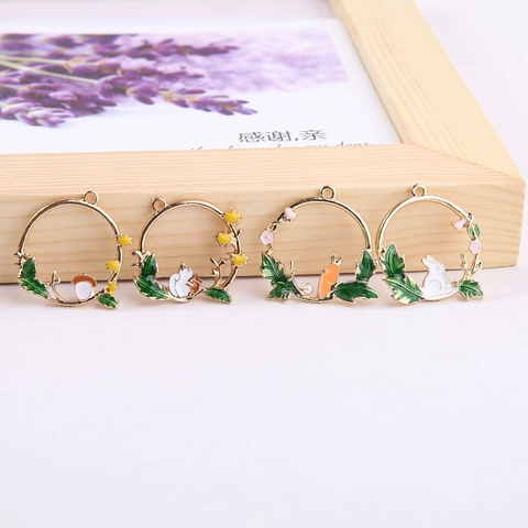 DIY Enamel Alloy Forest Animal Charms Rabbit Carrot Squirrel Pinecone Wreath Pendant Only Without Chain For Jewelry Making